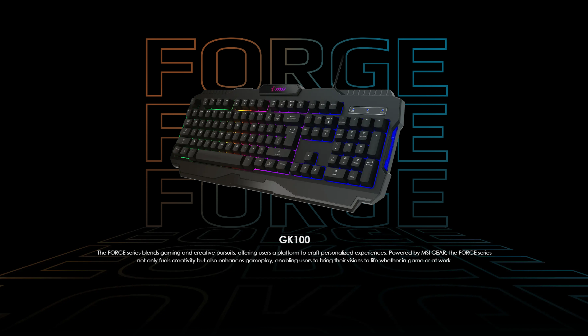 A large marketing image providing additional information about the product MSI Forge GK100 RGB Gaming Keyboard - Additional alt info not provided